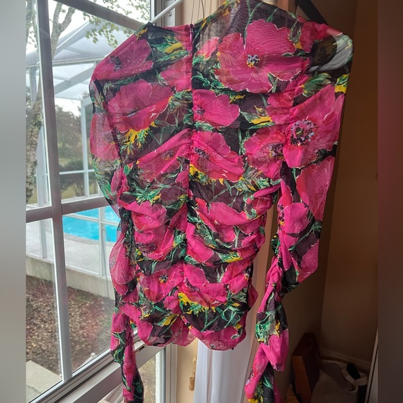 Zara Pink Floral Tulle Ruched Long Sleeve Top w/ Thumb Holes Mesh - Picture 6 of 6